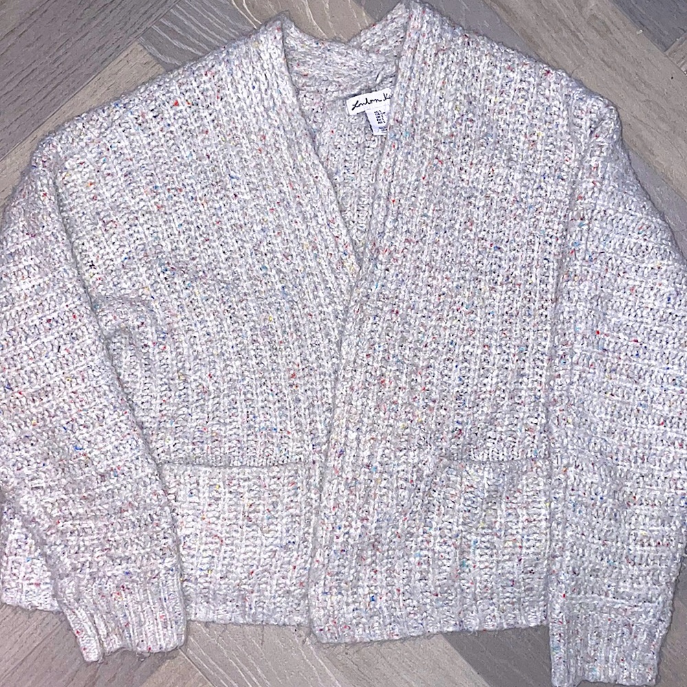 SMALL London Kaye knit cropped cardigan neutral beige rainbow spacedye speckles